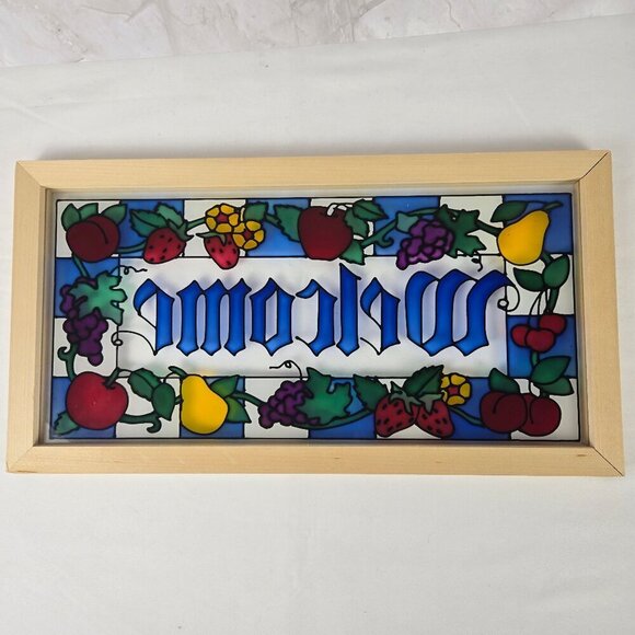 "Welcome" Sign Painted Glass Fruit Motif Wooden Frame Kitchen Indoors Outdoors - Picture 5 of 8
